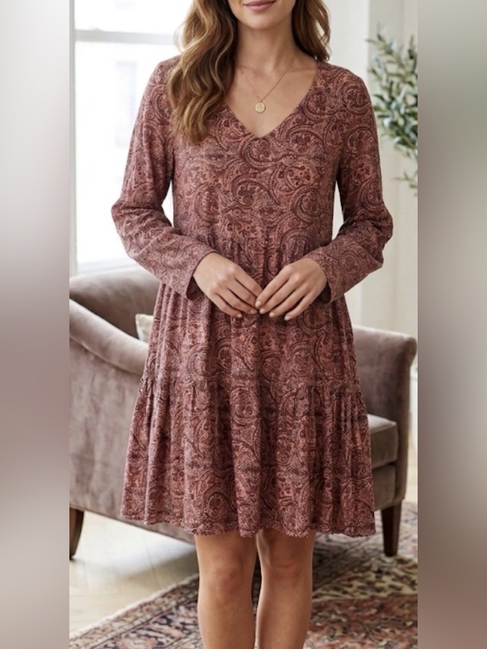 Lucky Brand Dusty Rose Paisley V-Neck Tiered Dress